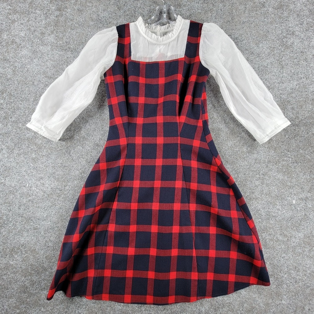 Rabalder‎ Pinafore Dress Womens S Red Blue Plaid Square Neck 3/4 Sleeve Back Zip